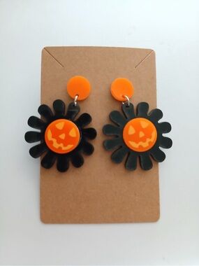 Fashion Jewelry Black & Orange Halloween Pumpkin Daisy Drop Earrings